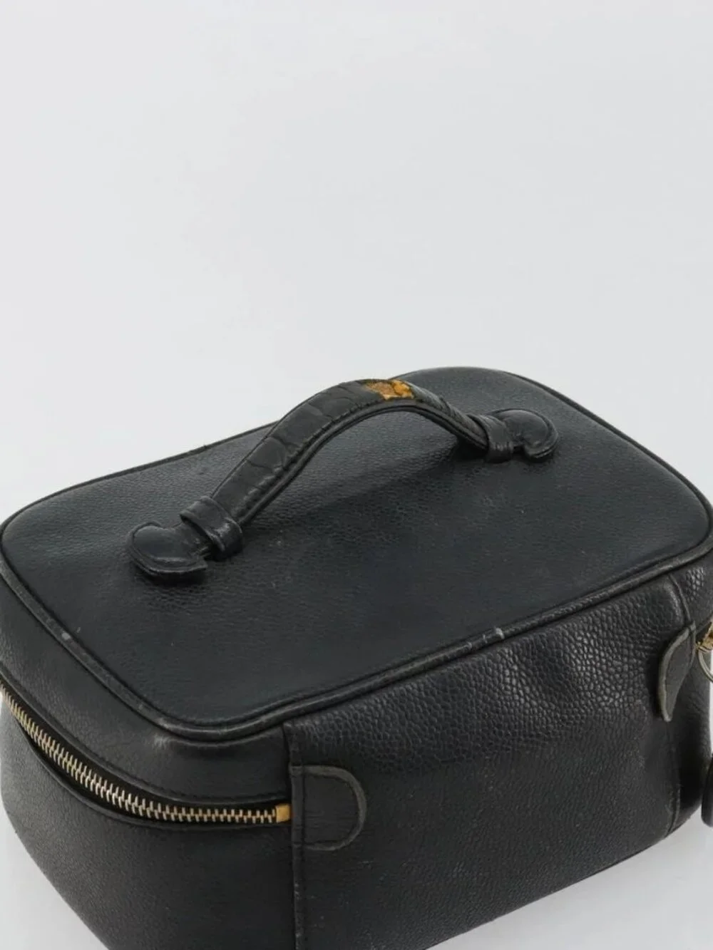 CHANEL Vanity Hand Bag Grained Calf Skin Black Gold CC Auth 176421